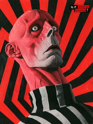 A Wide Eyed Exhausted Bald Man In A Black And White Striped... — Stable Diffusion AI Prompt: A wide eyed exhausted bald man in a black and white striped turtleneck looks upw...
