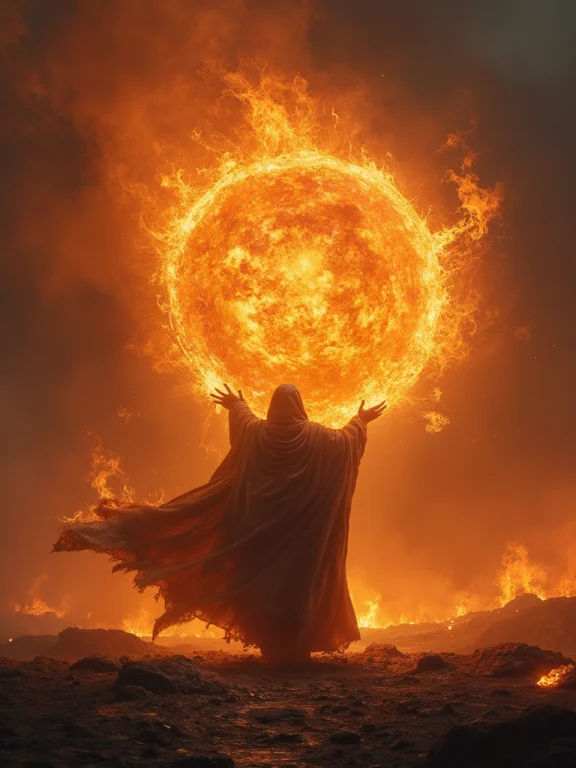 A Formidable Mage, Garbed In Flowing, Ember-glowing Robes, S...