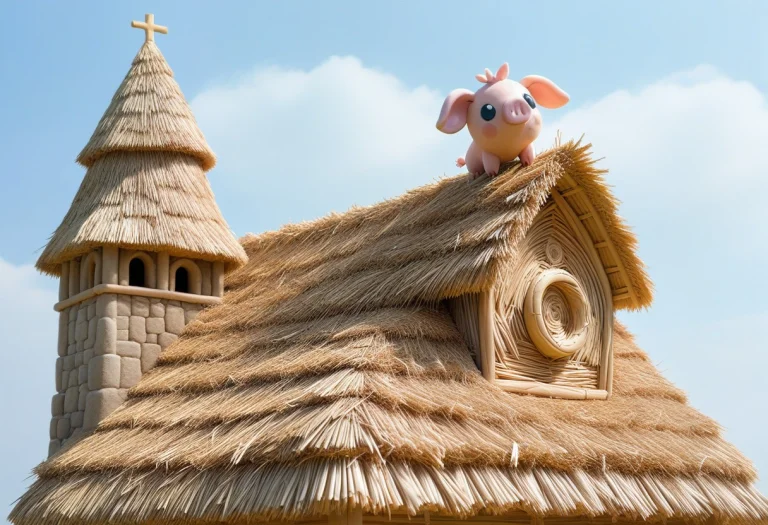 A Chibi Straw Pigglet On The Roof Of A Straw Church Steeple