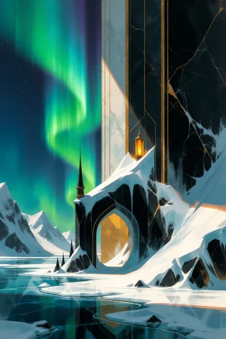Strangedaal. Art Deco Palace Of Ice And Black Marble Rising... — Stable Diffusion AI Prompt: StrangeDaal. Art Deco palace of ice and black marble rising from a frozen Arctic...