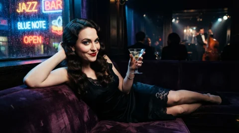 Noir Jazz Scene Art — Stable Diffusion AI Prompt: Noir jazz scene, a jazz lounge. Face focus, close-up. A 28 year old woman lounge...