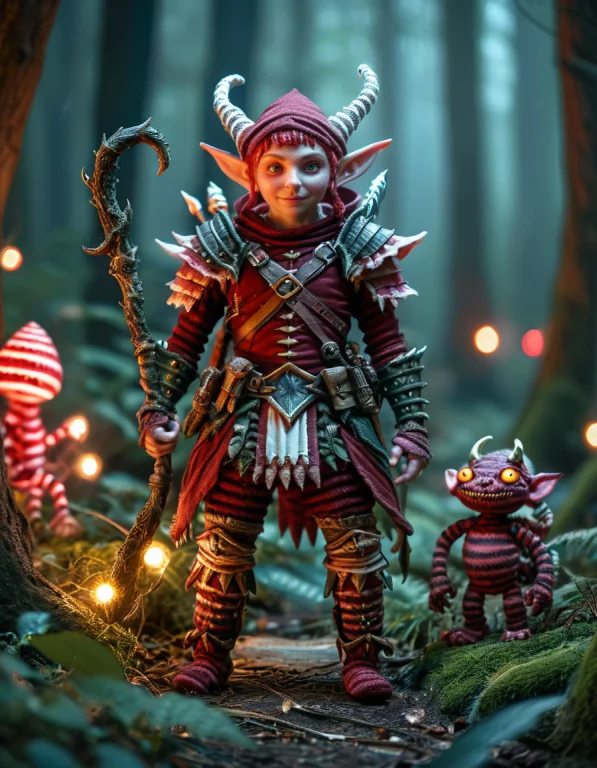 Full-body Burgundy Elf Warrior In A Fantasy Forest At Night,...