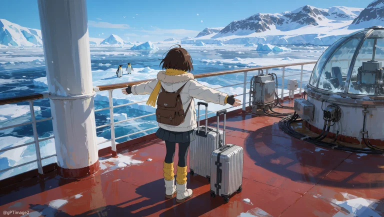 A Wide Shot From Behind Shows A Girl Standing On The Deck Of...