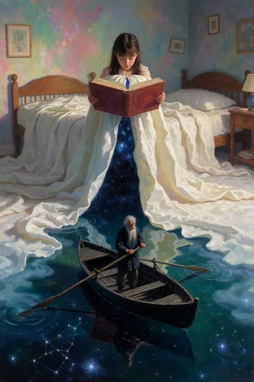 A Surrealist Fantasy Painting. A Girl Stands In Her Bedroom,...