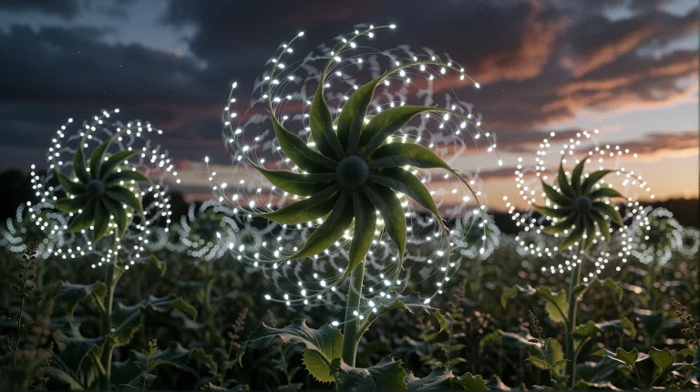 A Field Of Rotating Wind-turbine-like Alien Plants, Their Bl...