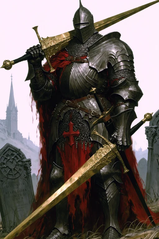 Dcgr1mdrk. A Armored Knight Standing In A Cemetary Carrying...