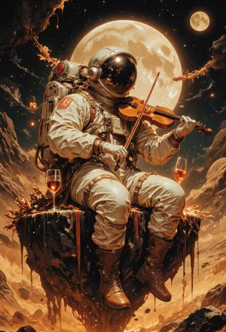 An Astronaut In A Vintage Spacesuit Sits On A Hovering Rock... — FLUX AI Prompt: An astronaut in a vintage spacesuit sits on a hovering rock in outer space, play...