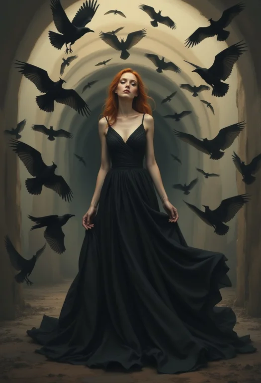Surreal Scene Of A Thin Redhead Woman Standing At The Center...