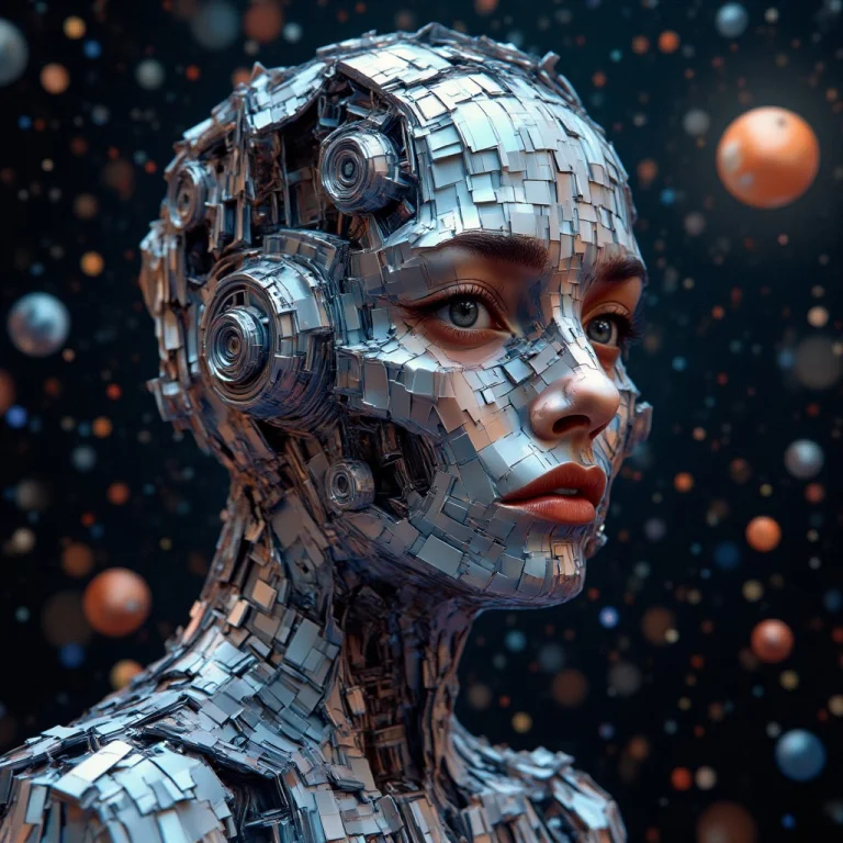 A Close-up Of A Futuristic Humanoid Figure With A Metallic,...