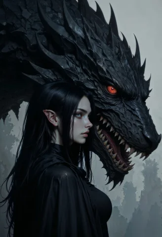 A Woman With Long, Straight Black Hair And Pointed Ears, Sug... — FLUX AI Prompt: a woman with long, straight black hair and pointed ears, suggesting an elven or...