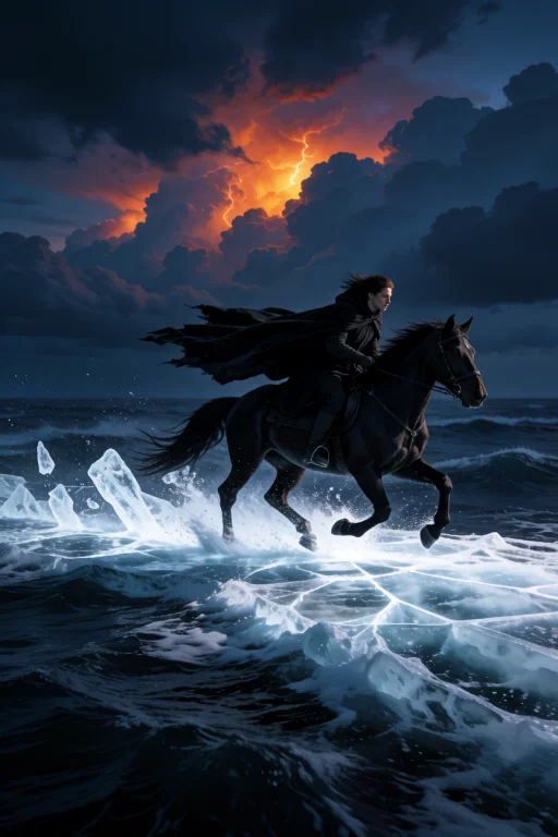 A Lone Rider On A Black Horse Galloping Across The Surface O...