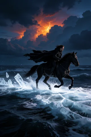 A Lone Rider On A Black Horse Galloping Across The Surface O... — Stable Diffusion AI Prompt: A lone rider on a black horse galloping across the surface of a dark stormy sea...