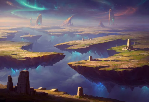 A Vast, Ethereal Landscape Unfurls Across An Ancient Alien S... — Stable Diffusion AI Prompt: A vast, ethereal landscape unfurls across an ancient alien sky, where colossal,...
