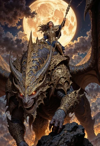 A Female Warrior In Ornate Golden Armor Riding A Gigantic, D... — FLUX AI Prompt: a female warrior in ornate golden armor riding a gigantic, dragon-like creature....