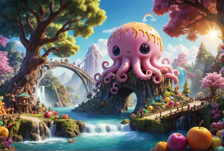 A Detailed Colorful Cute Kawaii1.21 Kraken  In A Fantasy Swe...