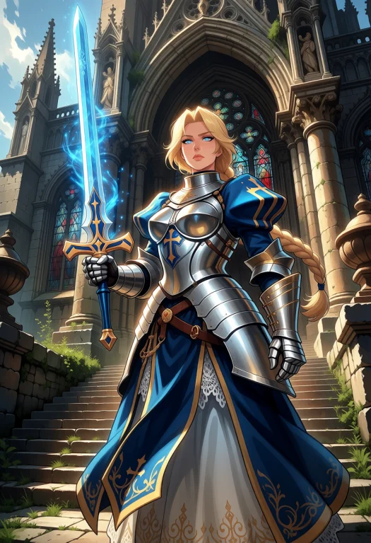 A Powerful And Resolute Female Knight Standing Tall In Front...
