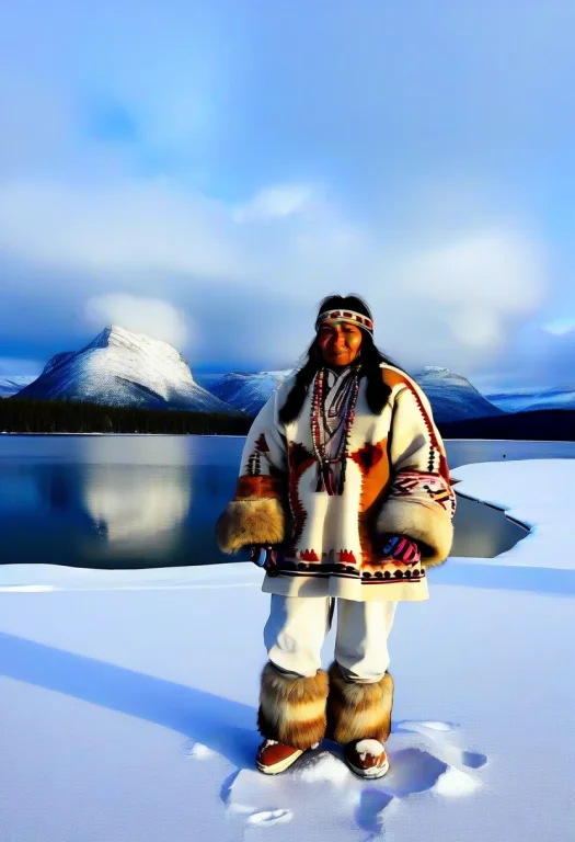Lakes Region First Nations In Winter Wearing Mittens And Fur...