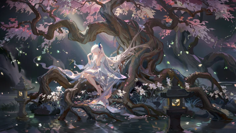 A Wide Shot Centered On A Young Woman With Long White Hair A...