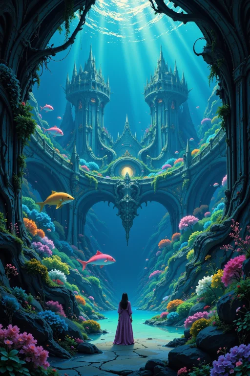 A Fantasy Underwater Palace Beautiful Landscape, Noon, Woman...