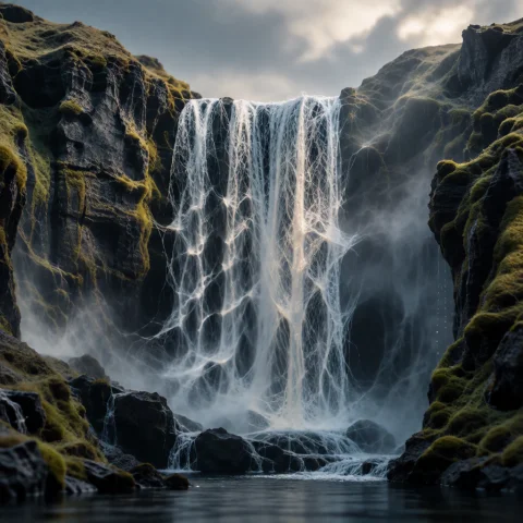 Filament Waterfall Dream — Stable Diffusion AI Prompt: Filament Waterfall — A towering waterfall rendered as millions of vertical trans...
