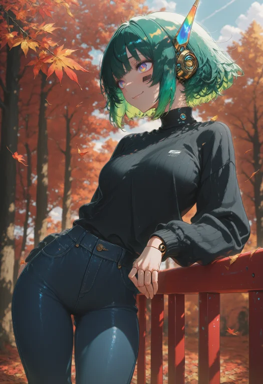 1girl, Robotjoints, Autumnleaves, Against Red Railing, Fores...