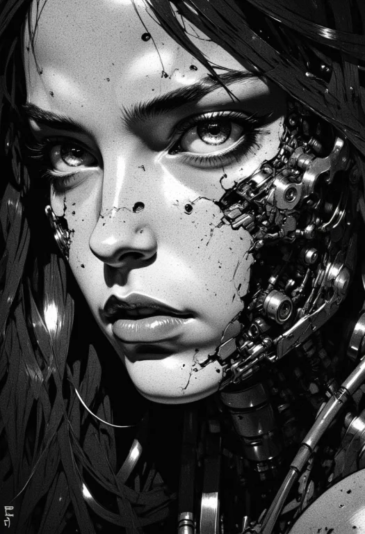 High-contrast Black-and-white Digital Drawing In A Cyberpunk...