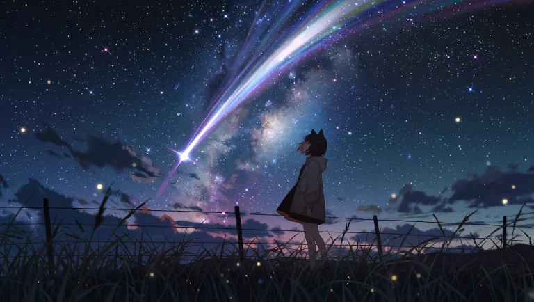 A Wide Night Scene Shows A Girl With Short Hair And Cat-ear-...