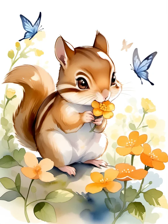 Chipmunk. A Chipmunk Eating A Flower. Butterfly. Watercolor....