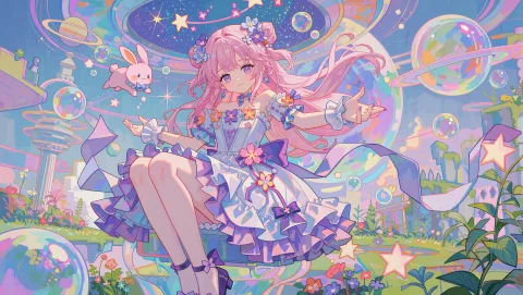 A Full-body View Of A Pink-haired Girl With Purple Eyes And... — Stable Diffusion AI Prompt: A full-body view of a pink-haired girl with purple eyes and flower hair ornament...