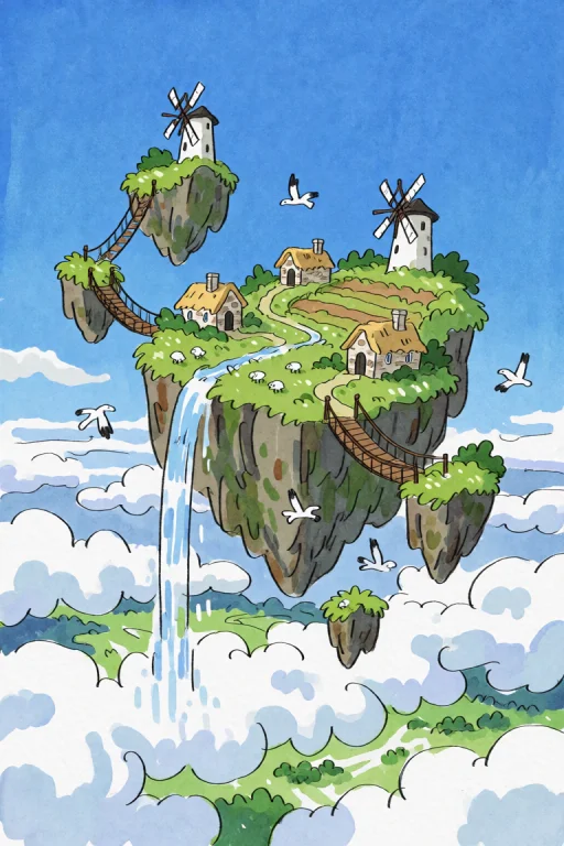 Watercolor Image Of A Chain Of Floating Islands Suspended In...