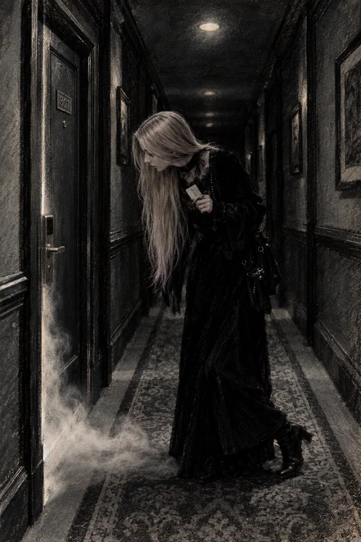 A Woman In Black Stands In A Hotel Corridor Holding A Room K...