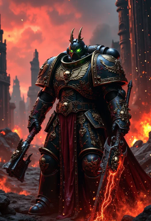 A Chaos Space Marine In Full Battle Armor, Standing Amidst A...
