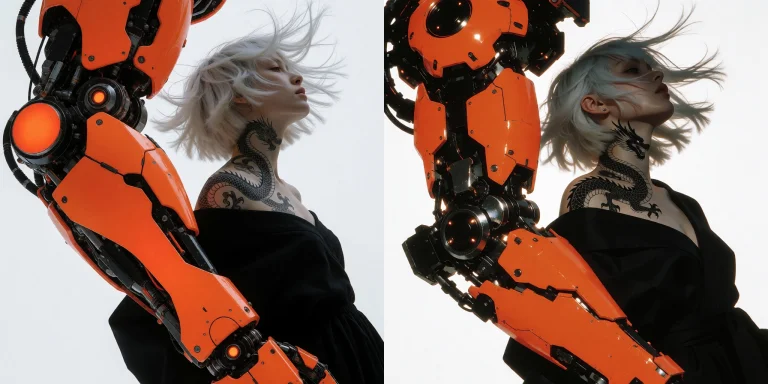 A Massive Robotic Arm Takes Center Stage, Its Orange Panels...