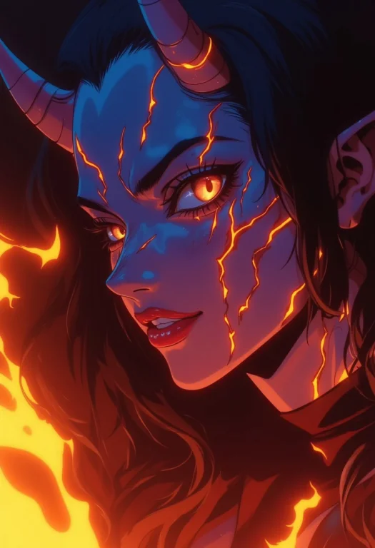 A Close-up Portrait Of A Demon Woman With Molten Lava-like C...