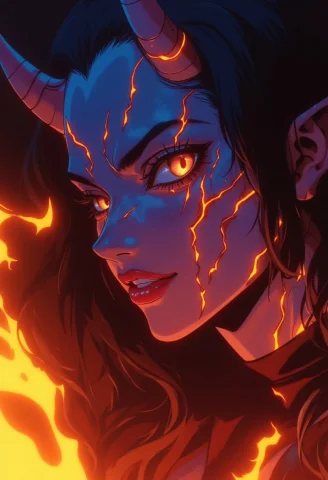 A Close-up Portrait Of A Demon Woman With Molten Lava-like C... — FLUX AI Prompt: A close-up portrait of a demon woman with molten lava-like cracks on her skin, h...