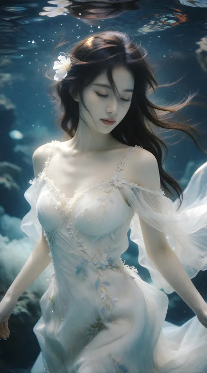 An Underwater Photoshoot Of A Beautiful Woman Wearing A Flow...