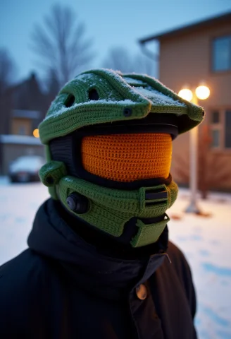 Lorawintertoquethreaderflux-0000120.7 The Image Is A Photogr... — Stable Diffusion AI Prompt: The image is a photograph featuring a person wearing a creative, crocheted mask...
