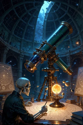 , Boneswm, A Celestial Observatory With A Domed Ceiling Of R... — Stable Diffusion AI Prompt: , boneswm, a celestial observatory with a domed ceiling of rib arches and a tele...