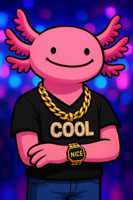 A Cool Axolotl With Dot Eyes And A Smile, He Wears A Gold Ch...