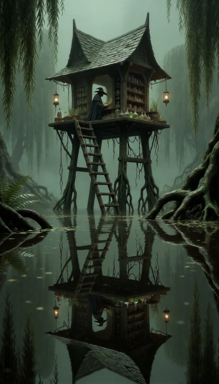 Level-horizon, Cinematic-framing, Dark-fantasy, Swamp, Murky...