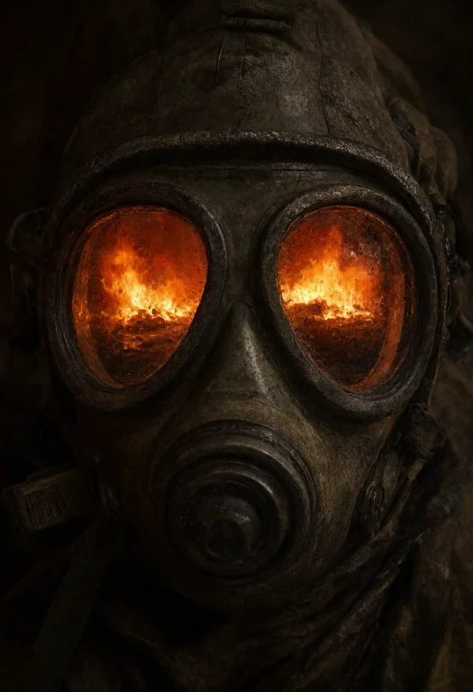 A Close-up Of A Gas Mask With Glowing Flames Visible Through...