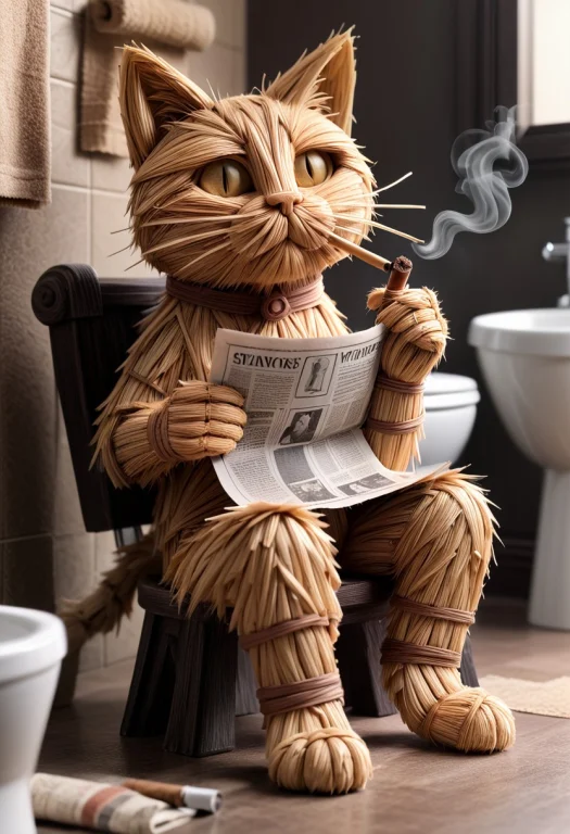 Cat Smoking A Cigar Is Sitting On The Toilet, Reading A News...