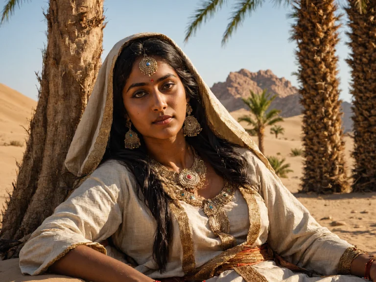 Close Up Of A Traditional Woman In The Desert,head Covered I...