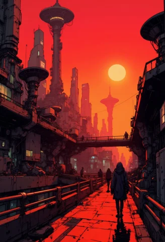 Crimson Red And Black Theme, Sci-fi Futuristic Cyberpunk Ped... — FLUX AI Prompt: crimson red and black theme, sci-fi futuristic cyberpunk pedestrian walkway in a...