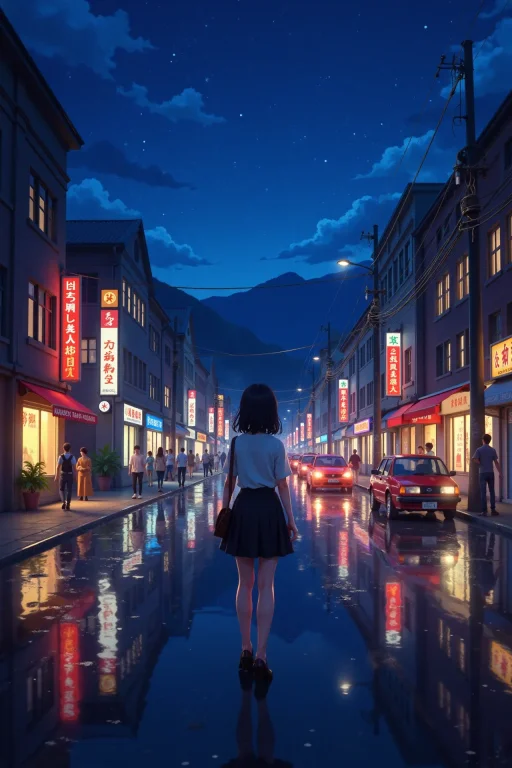 Busy Street With Wet Ground Beautiful Landscape, Bright Lumi...
