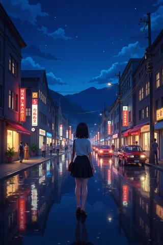 Busy Street With Wet Ground Beautiful Landscape, Bright Lumi... — Stable Diffusion AI Prompt: busy street with wet ground beautiful landscape, bright luminous night, woman, v...