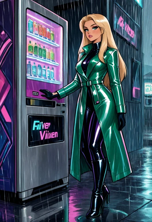 Blonde Vixen In A Latex Trenchcoat, Leaning Against A Neon V...