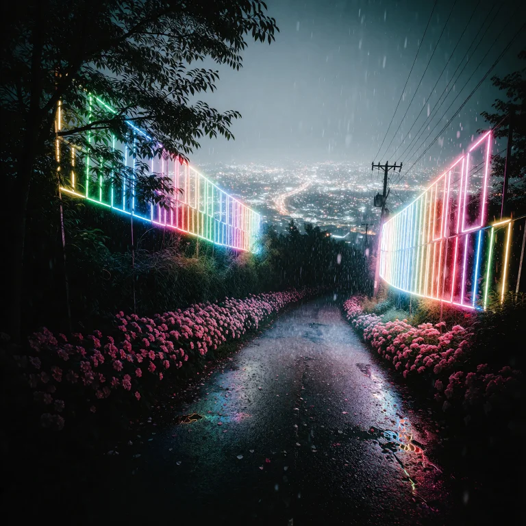 Outdoors, Rural Country Road, City Skyline, Neon Lights, Rai...
