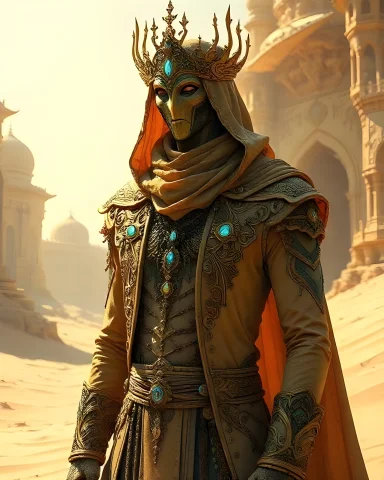 A Regal Figure Stands In A Desert Landscape, Adorned In Intr... — Stable Diffusion AI Prompt: A regal figure stands in a desert landscape, adorned in intricate golden robes w...