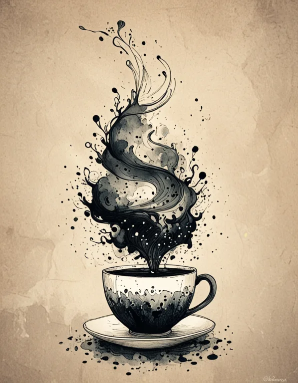 Novuschroma Style Cup Of Coffee With Swirling Steam Ink Draw...